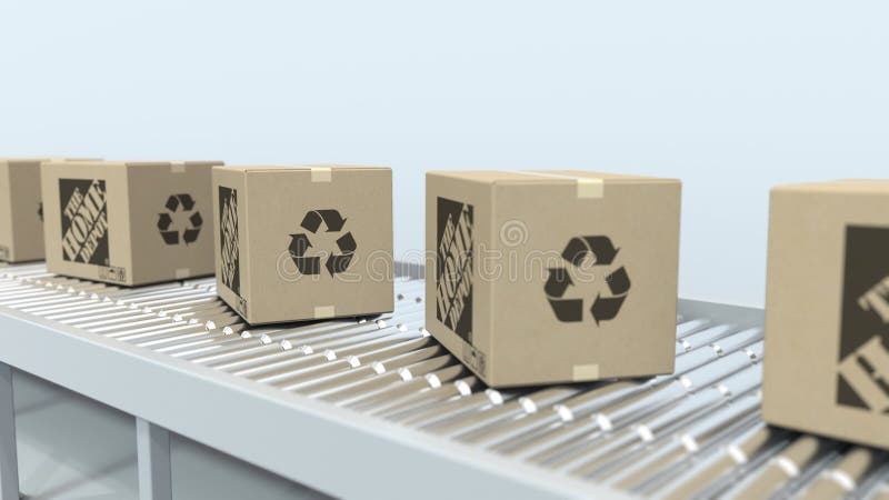 The Home Depot logo on moving boxes on roller conveyor. Loopable editorial 3D animation vector illustration