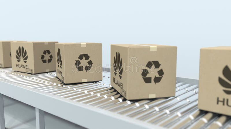 HUAWEI logo on moving boxes on roller conveyor. Loopable editorial 3D animation stock video footage