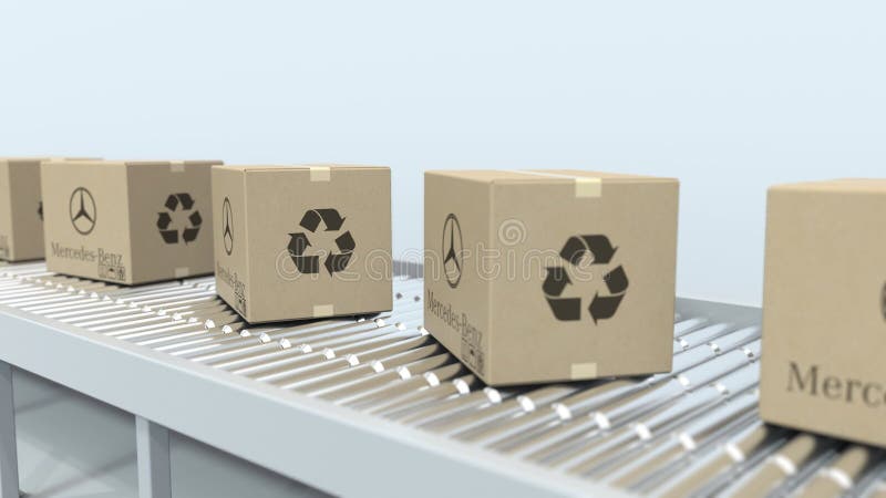 MERCEDES-BENZ logo on moving boxes on roller conveyor. Loopable editorial 3D animation stock illustration