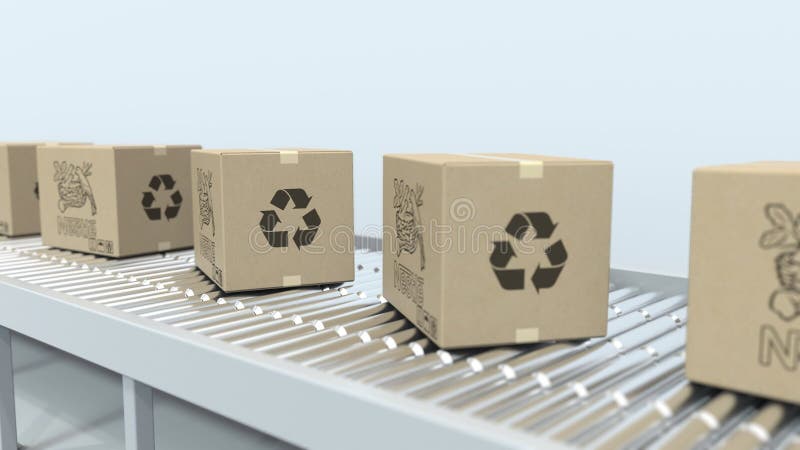 NESTLE logo on moving boxes on roller conveyor. Loopable editorial 3D animation vector illustration