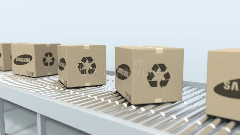SAMSUNG logo on moving boxes on roller conveyor. Loopable editorial 3D animation royalty free illustration