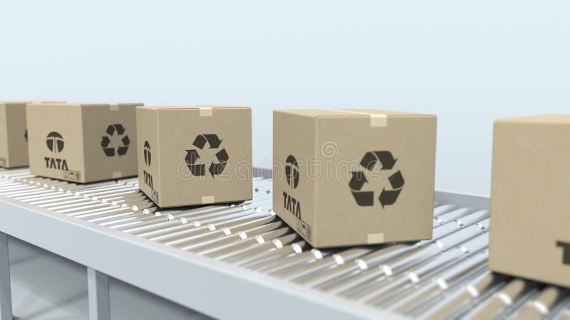TATA logo on moving boxes on roller conveyor. Loopable editorial 3D animation royalty free illustration