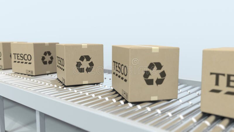 TESCO logo on moving boxes on roller conveyor. Loopable editorial 3D animation royalty free illustration