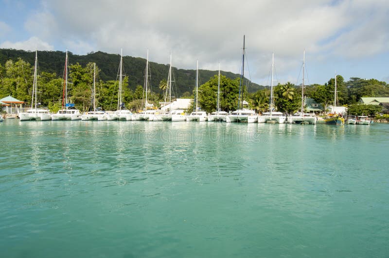 Many catamarans in La Digue island port, Seychelles.
