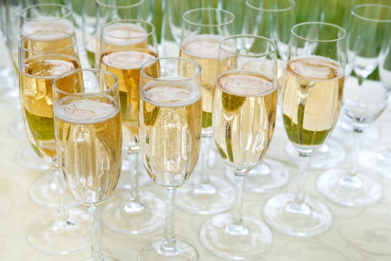 Many Of The Champagne Glasses On A Buffet Table Party In Open A Stock Image Image Of Drink