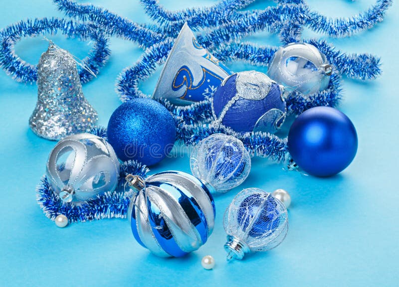 Many Christmas Decorations Toys On Light Blue Stock Image - Image: 26640237