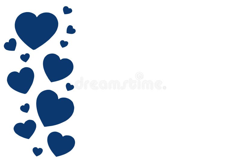 Isolated many classic blue paper hearts in line in form of a decorative frame on white background with copy space. Symbol of love and Valentine`s day. Trendy color of year 2020. Isolated many classic blue paper hearts in line in form of a decorative frame on white background with copy space. Symbol of love and Valentine`s day. Trendy color of year 2020