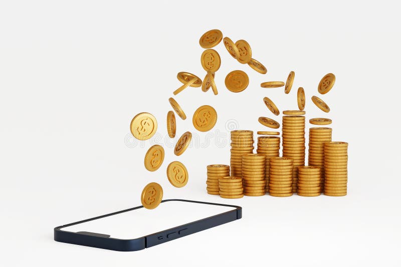 Many Coin Up Rising from Smartphone Screen To Coin Stack, Take Profit