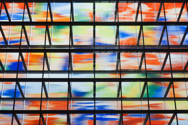 Many colored windows inside a modern building