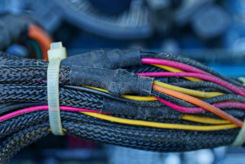 Lots of wires and cables in the dust in the computer royalty free stock photo