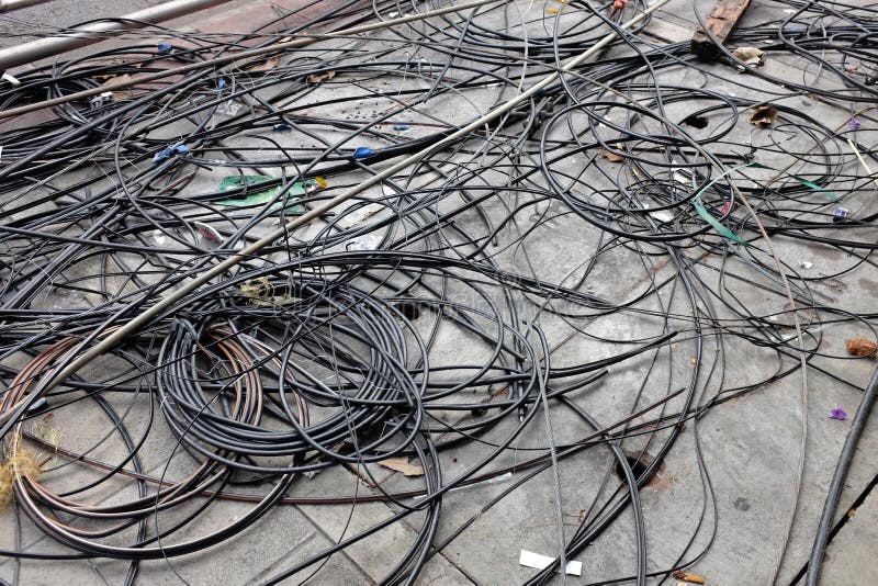 Many Confused Electrical Wires on Ground Stock Photo Image of clew