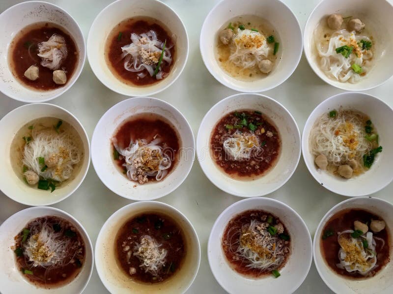 Many Cups Thai Style Noodles Blood Soup and Clear Soup, Top View, Flat ...