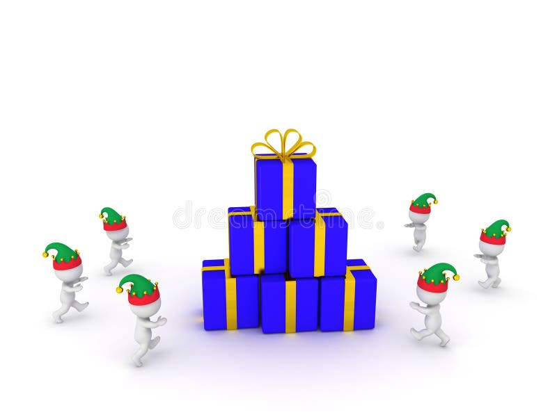 Many 3D Characters Wearing Elf Hats Running Toward Stack of Wrapped Gifts royalty free illustration