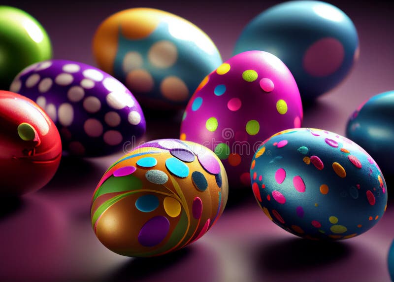 Many Decorated Easter Eggs As Background, Top View. AI Generated Stock