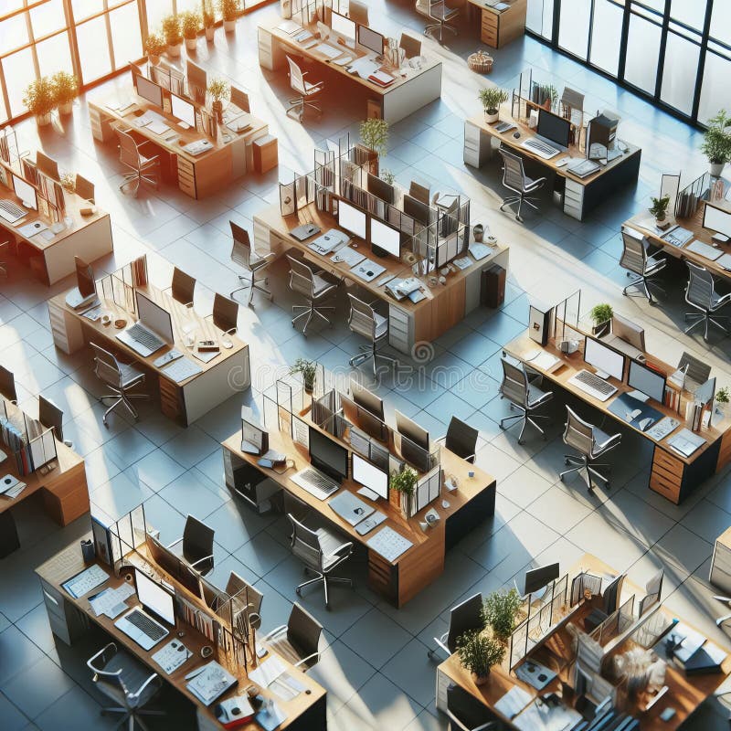 Many desks and chairs in a large open space vector illustration