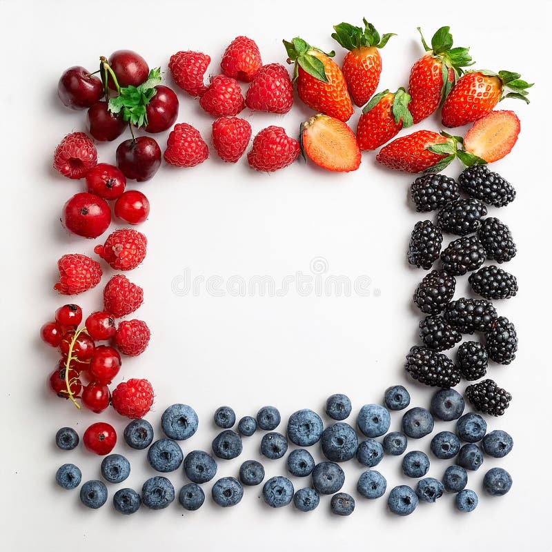 Many different berries in the form of a frame on a white background. stock illustration
