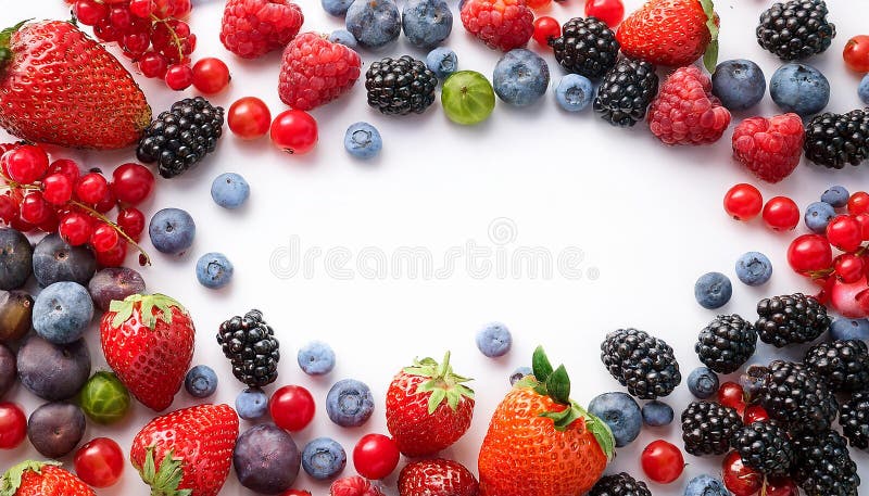 Many different berries in the form of a frame on a white background. royalty free illustration