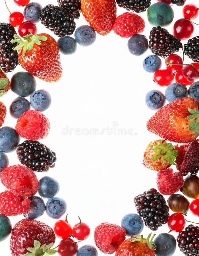 Many different berries in the form of a frame on a white background. stock illustration