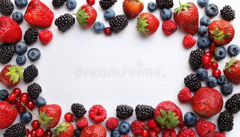Many different berries in the form of a frame on a white background. vector illustration