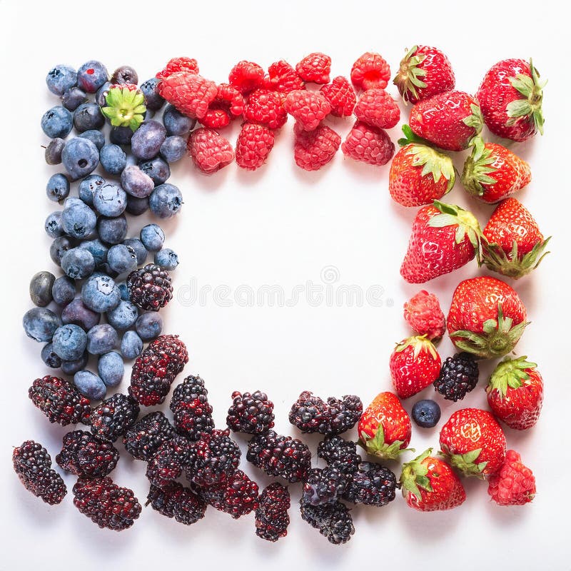 Many different berries in the form of a frame on a white background. vector illustration
