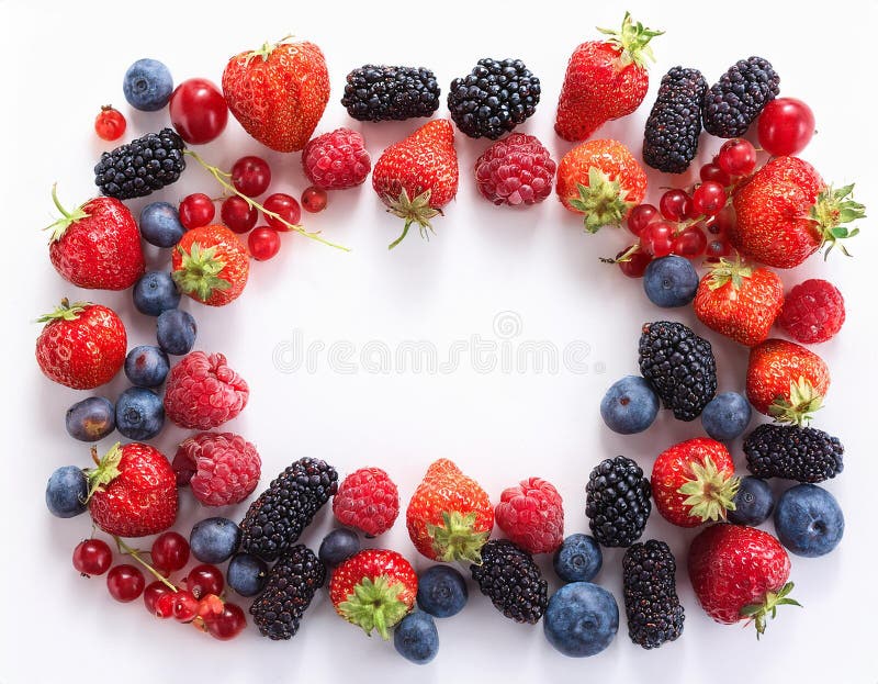 Many different berries in the form of a frame on a white background. vector illustration