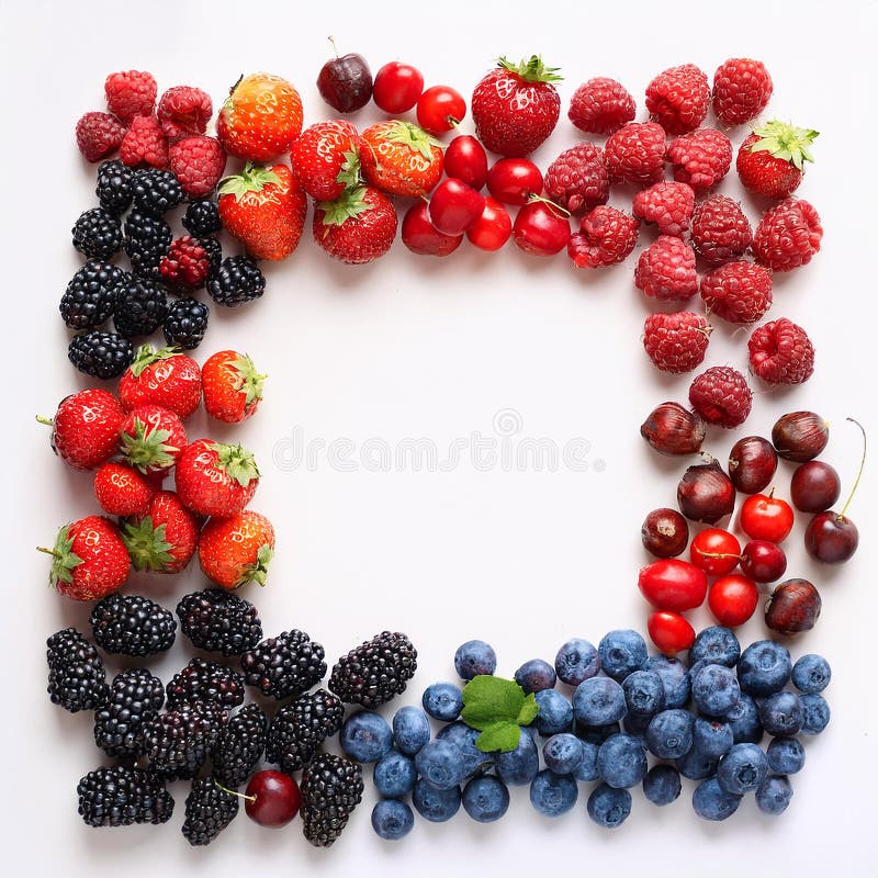Many different berries in the form of a frame on a white background. vector illustration