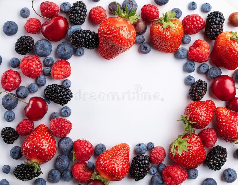 Many different berries in the form of a frame on a white background. vector illustration