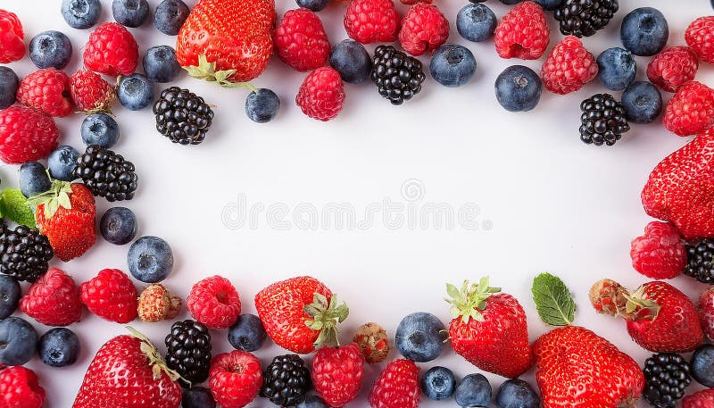 Many different berries in the form of a frame on a white background. vector illustration