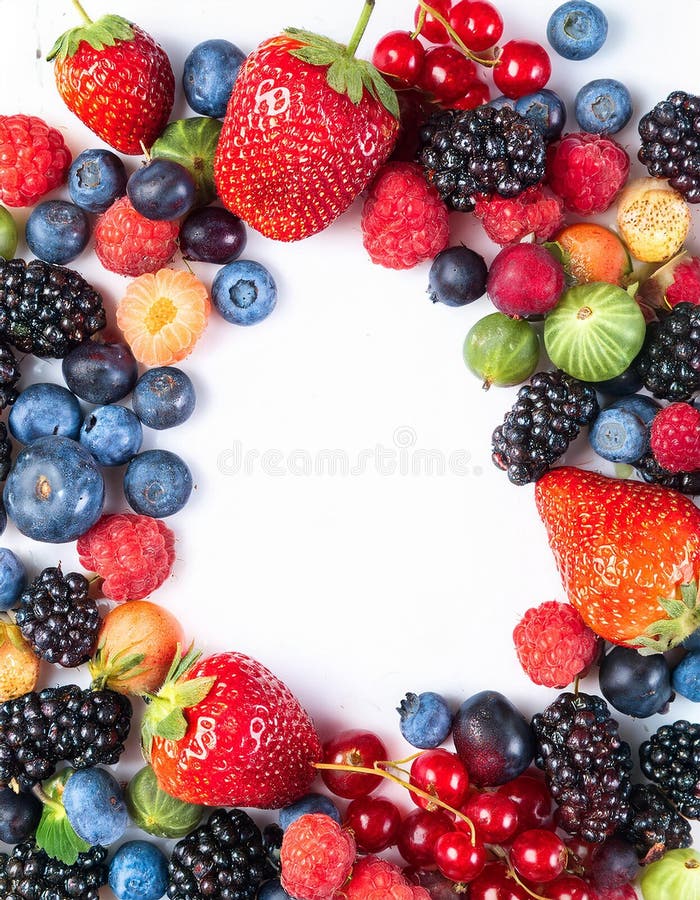 Many different berries in the form of a frame on a white background. stock illustration