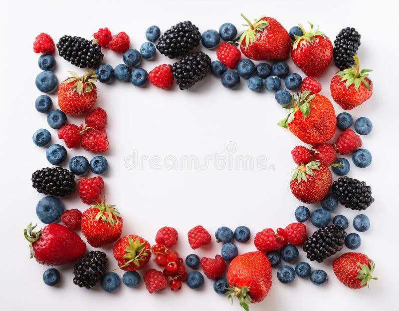 Many different berries in the form of a frame on a white background. royalty free illustration