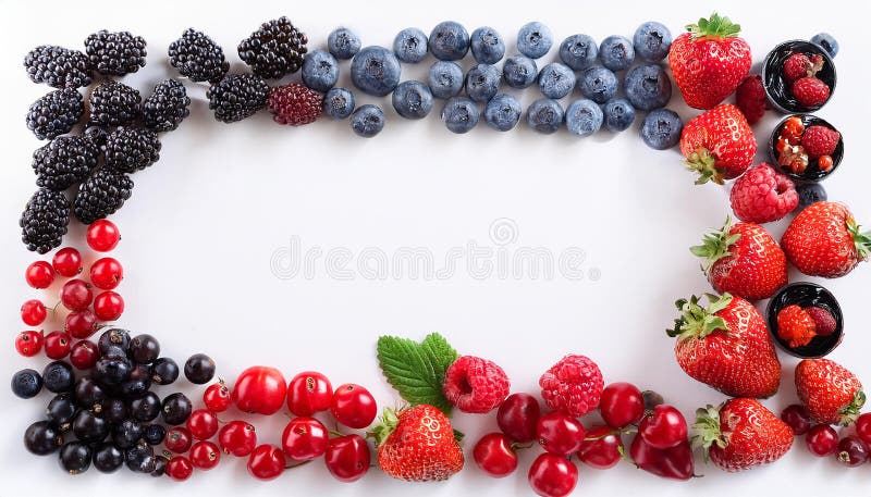 Many different berries in the form of a frame on a white background. stock illustration