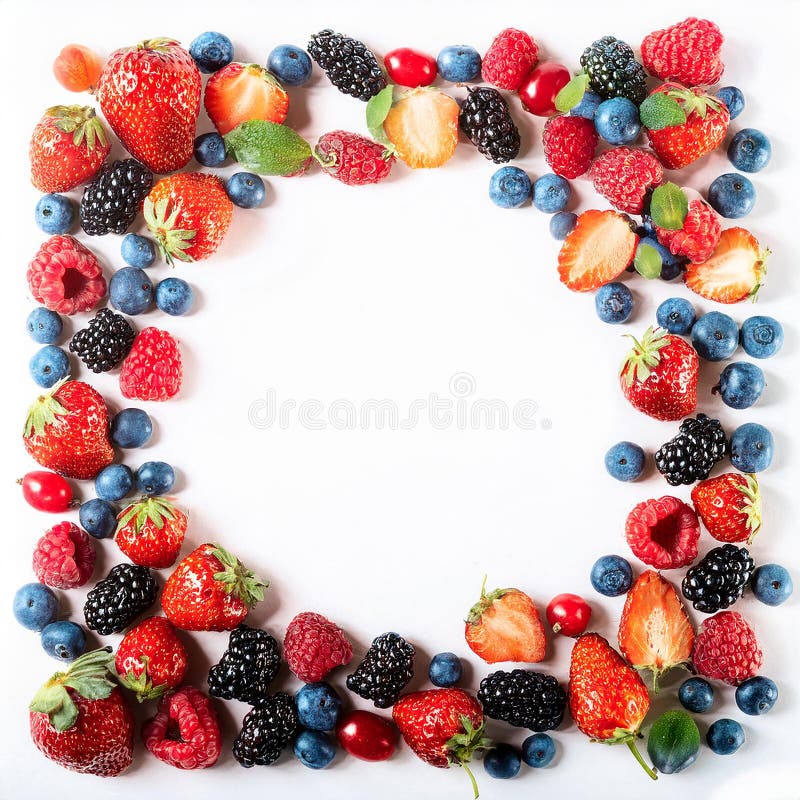 Many different berries in the form of a frame on a white background. vector illustration