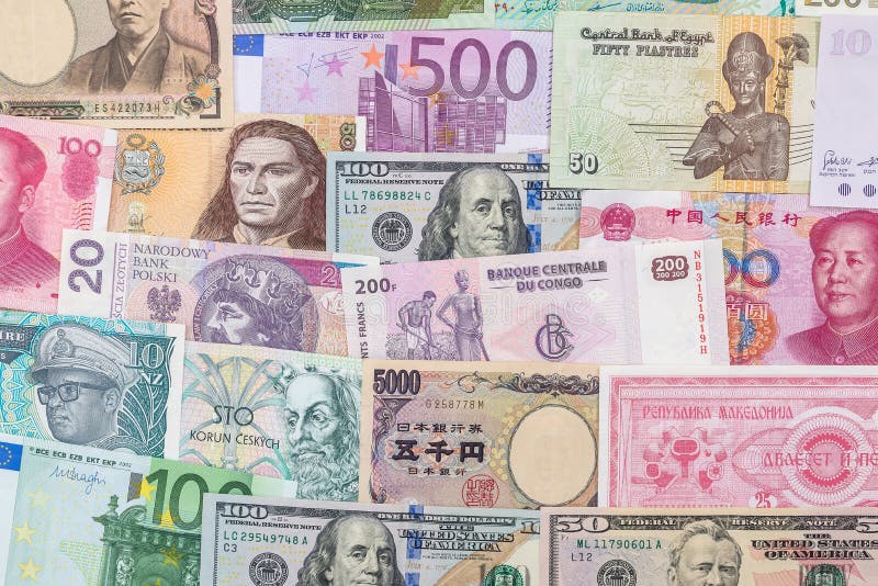 Many different currency banknotes from world country