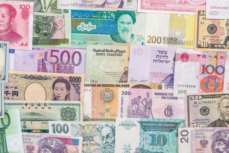 Many different currency banknotes from world country stock photos