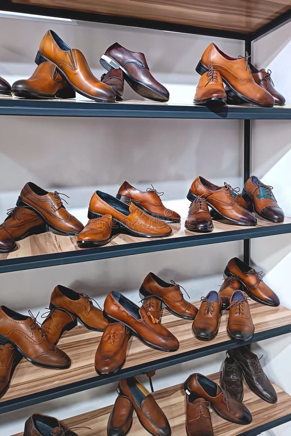 Many different handcrafted leather men shoes on the display shelves in the shoe shop. royalty free stock photography Many different handcrafted leather men shoes on the display shelves in the shoe shop. royalty free stock photography