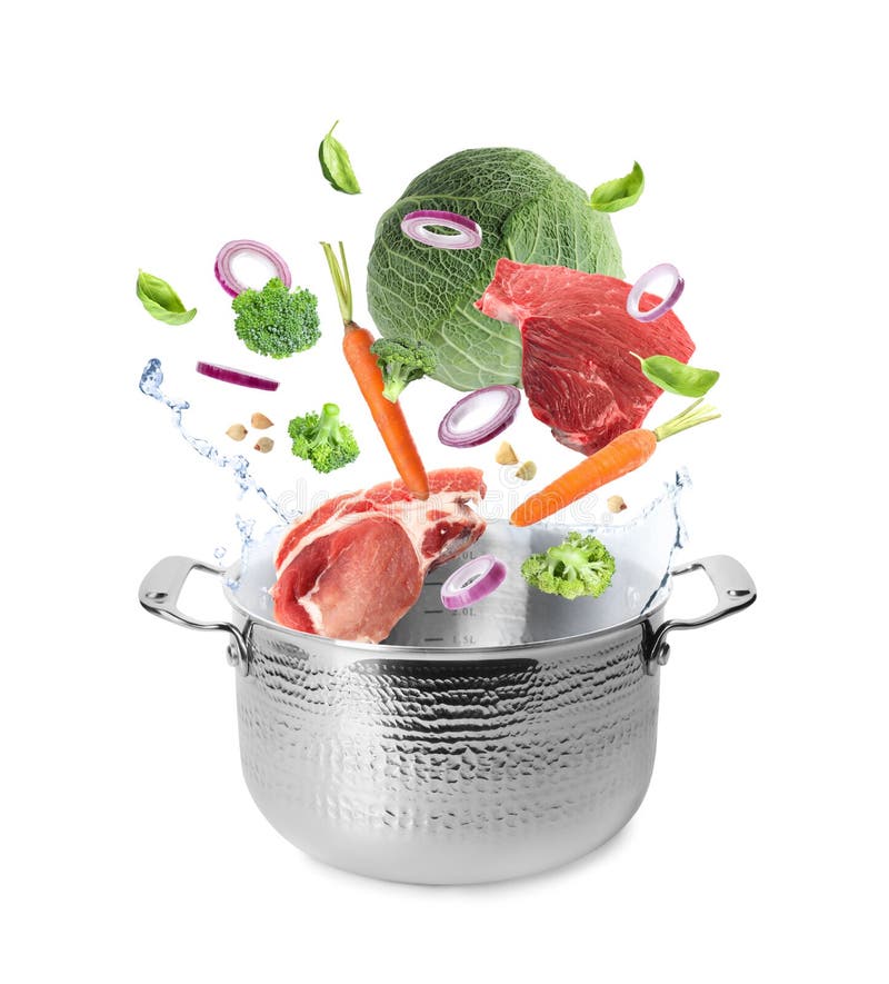 Many Different Ingredients Falling into Pot on Background. Delicious