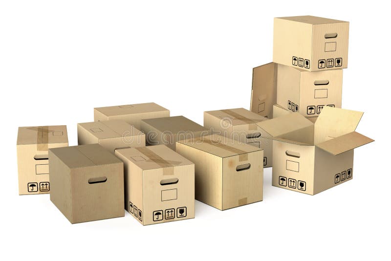 Many different moving boxes isolated on white background. Pile boxes illustrations