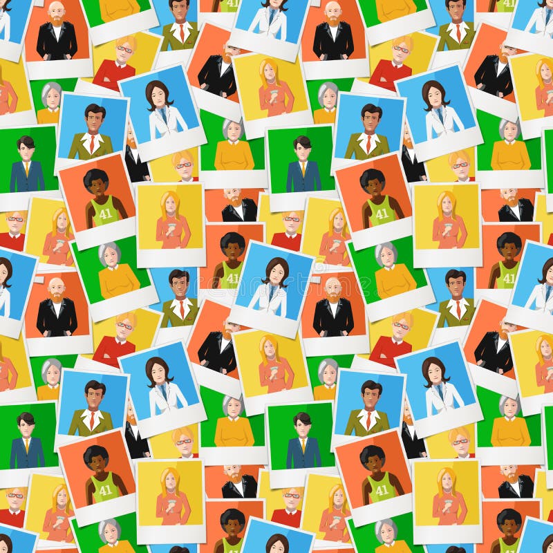 Many different polaroid instant photos with flat portraits of people on colourful backgrounds, seamless pattern vector illustration Many different polaroid instant photos with flat portraits of people on colourful backgrounds, seamless pattern vector illustration