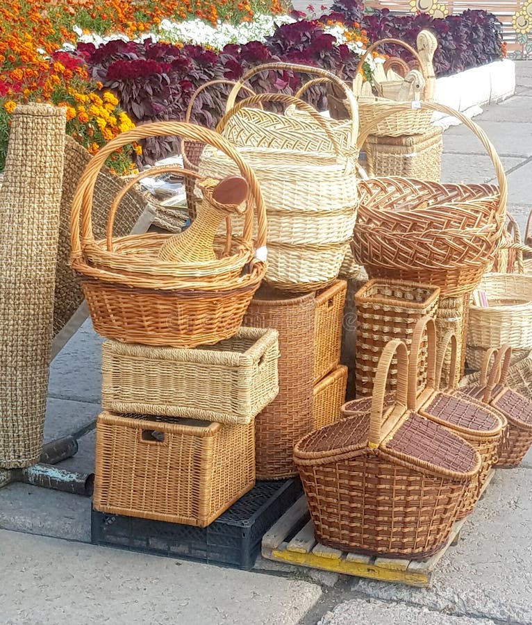 Many Different Wicker Baskets and Boxes Made of Natural Material, Close