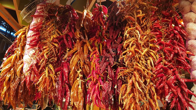Many dried peppers hanging in a street market royalty free stock images Many dried peppers hanging in a street market royalty free stock images