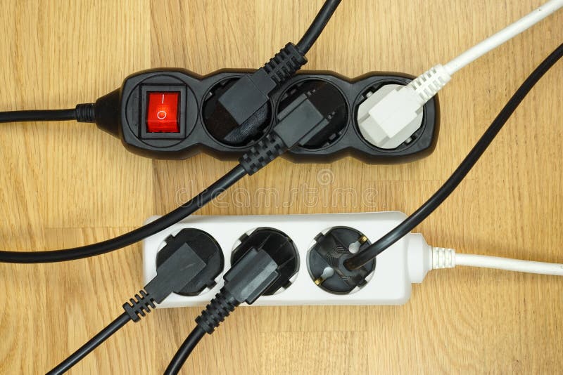 Electrical Cords Connected To Power Strip, Concept of Energy Saving