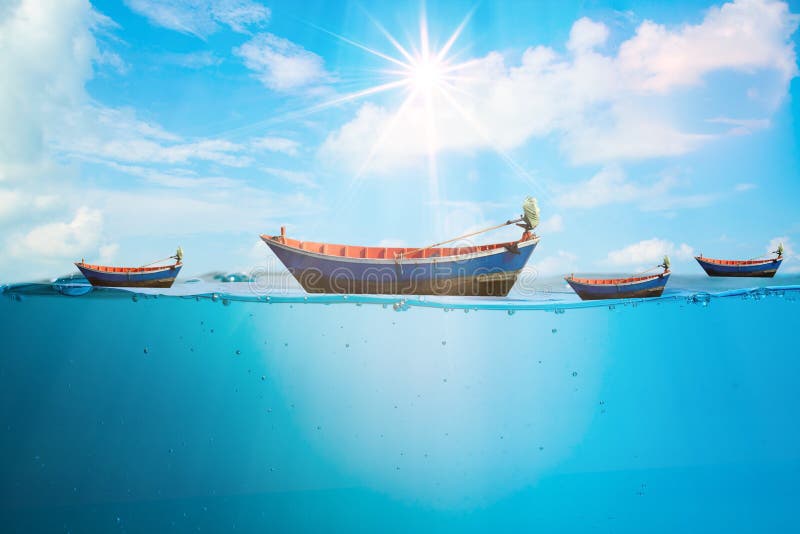Many Fishing Boats on the Sea Waves Stop Steaming, with Separate Bubbles on  a Bright Sky Background, the Morning Sun. Popular Stock Photo - Image of  blue, summer: 180787156