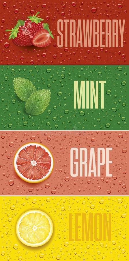 Many fresh juice drops background with strawberry, mint, lemon, grapefruit vector illustration