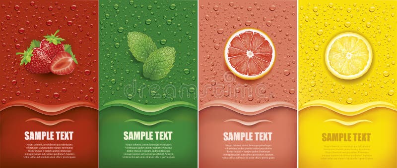 Many fresh juice drops background with strawberry, mint, lemon, grapefruit royalty free illustration