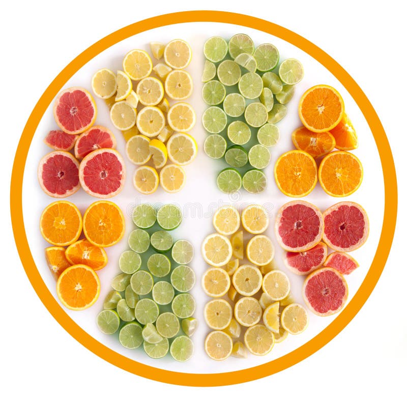 Citrus fruit icon concept. Many fruits in the shape of a sliced citrus including oranges, grapefruits, lemons and limes royalty free stock image Citrus fruit icon concept. Many fruits in the shape of a sliced citrus including oranges, grapefruits, lemons and limes royalty free stock image