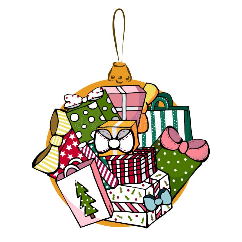 Many gifts, colorful Christmas gifts, xmas ball, Christmas presents, colorful gift boxes. royalty free illustration Many gifts, colorful Christmas gifts, xmas ball, Christmas presents, colorful gift boxes. royalty free illustration