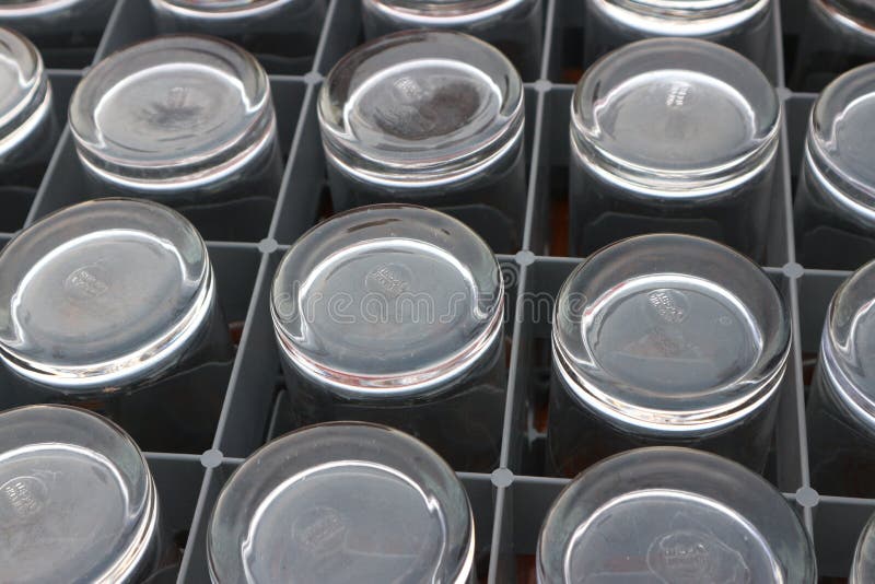 Many Glasses of Water are in the Crate. Stock Photo Image of crate