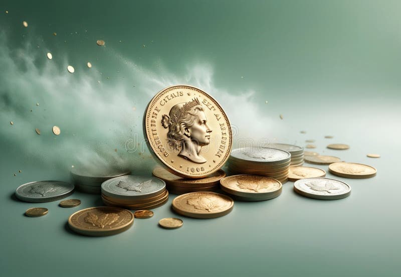 Many gold coins on light abstract background stock photography