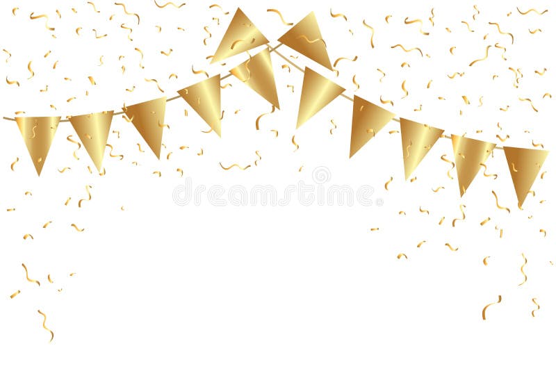 Many Golden Flags and Confetti Ribbon Isolated on White Background ...