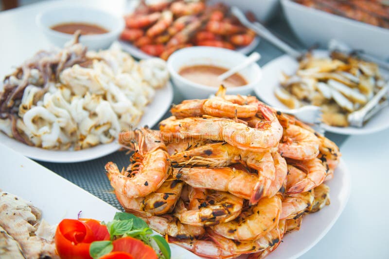 Many Grilled Seafood Served Buffet Style in the Restaurant Stock Image